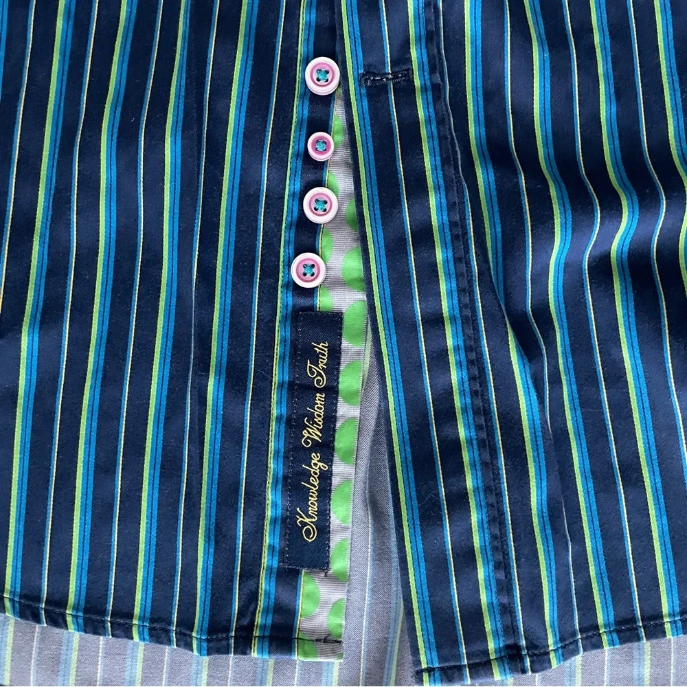 Robert Graham X Mens Shirt Large Blue Green Stripe Contrasting Cuffs Modern - Picture 4 of 8